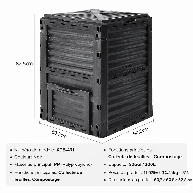 Composteur de jardin de 300L avec couvercle et trappe
