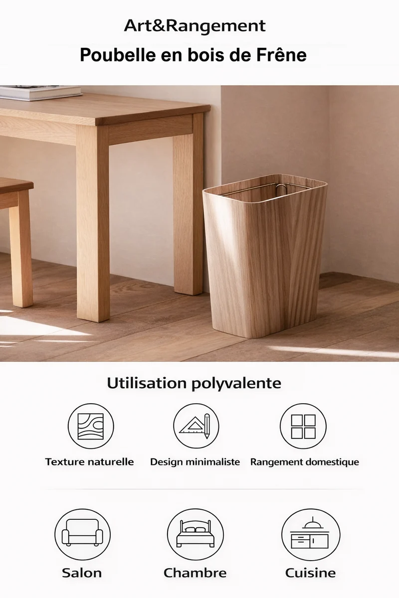 Poubelle en bois design rectangulaire finition frêne