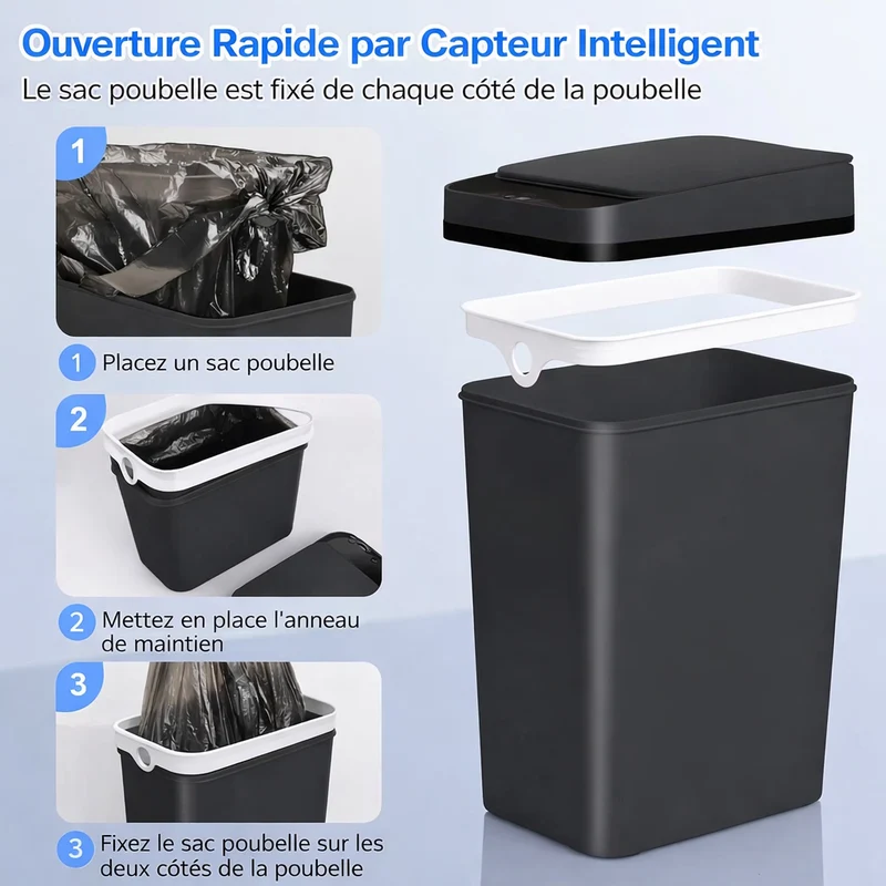 Poubelle rectangulaire automatique sans contact 12L