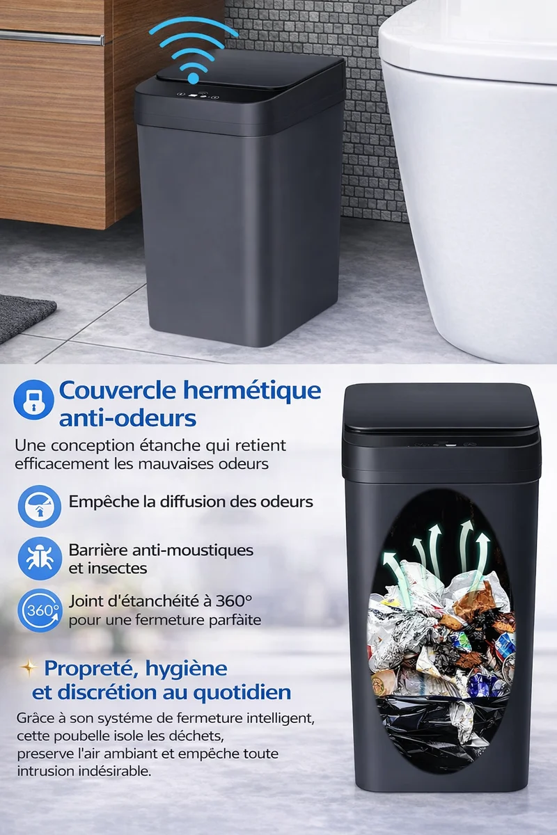 Poubelle rectangulaire automatique sans contact 12L