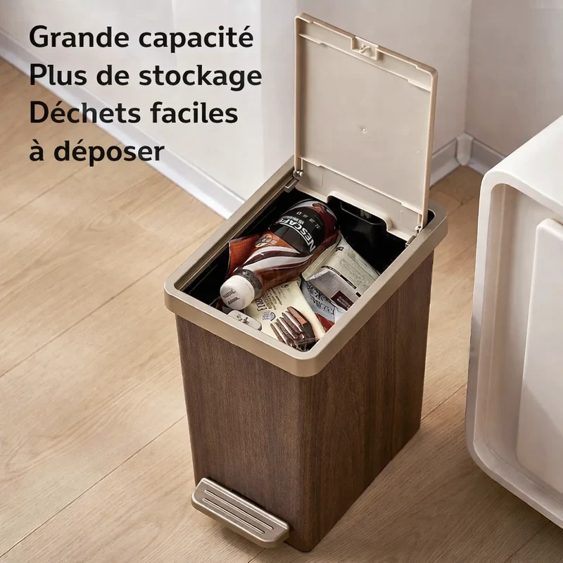 Poubelle design effet bois avec deux modes d’ouverture