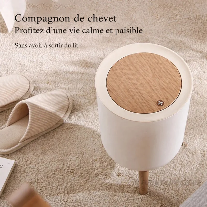Poubelle sur pied blanche avec couvercle à pression effet bois