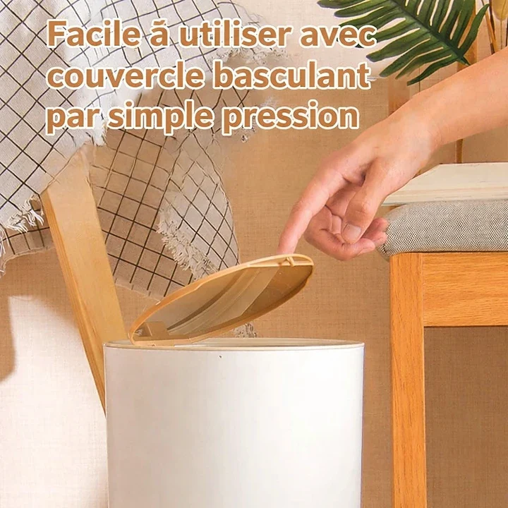 Poubelle sur pied blanche avec couvercle à pression effet bois
