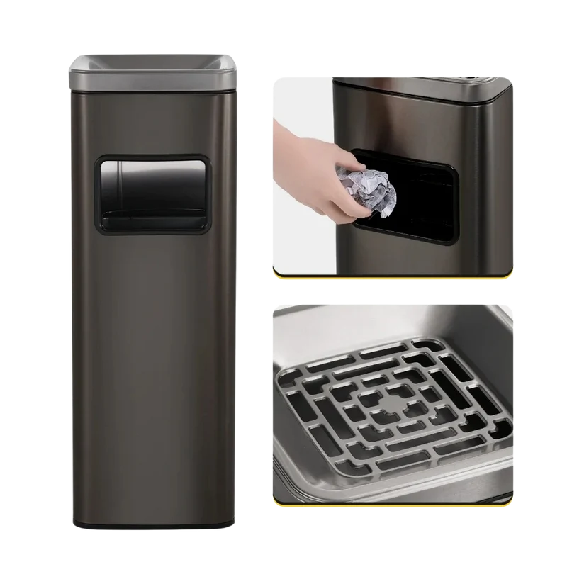 Poubelle carrée design haut en inox avec cendrier intégré