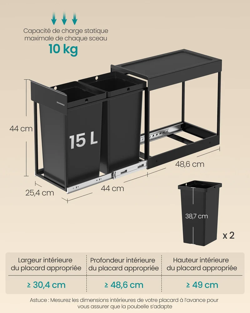 Poubelle cuisine double compartiment coulissant ORTUGA – Noir