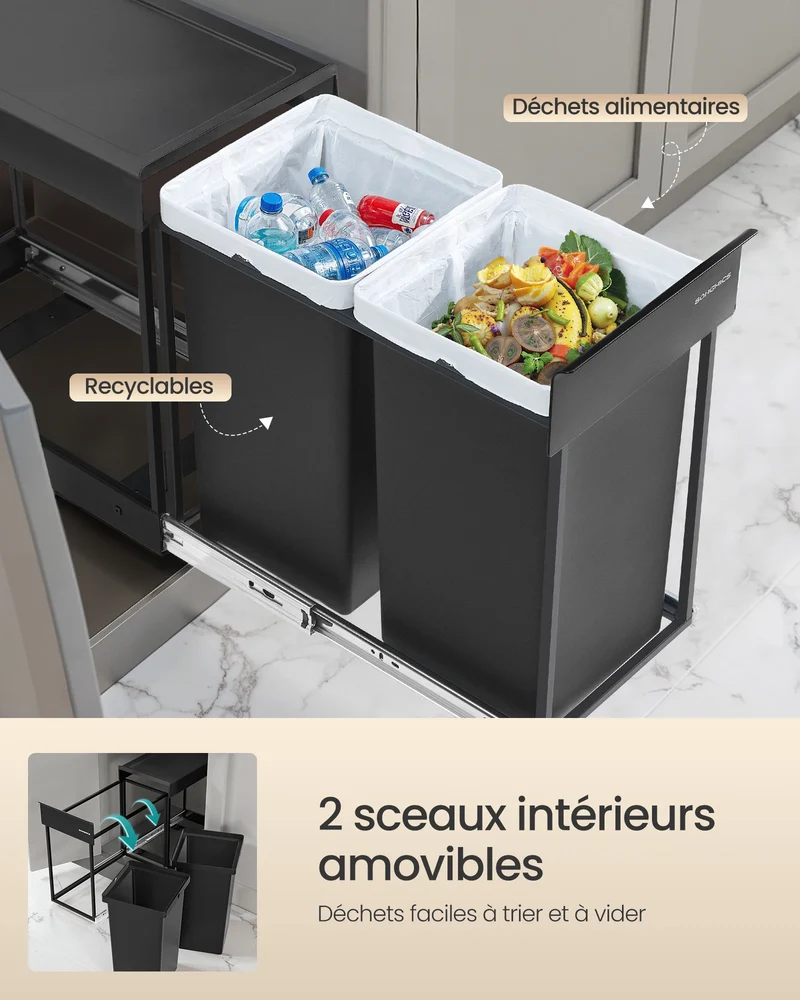 Poubelle cuisine double compartiment coulissant ORTUGA – Noir