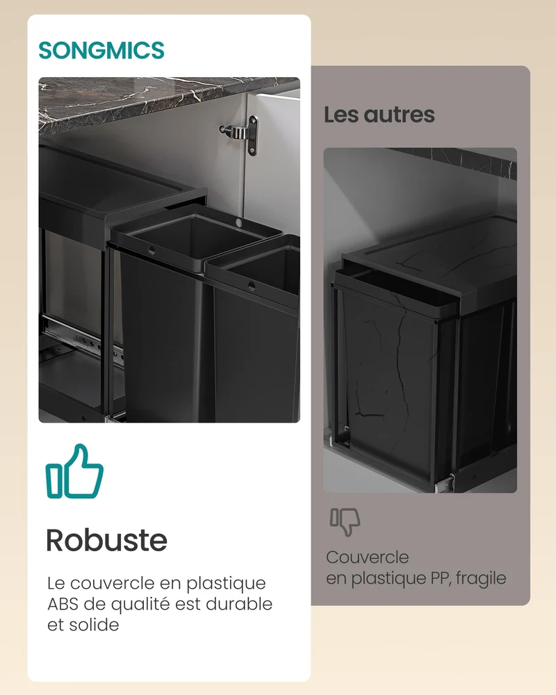 Poubelle cuisine double compartiment coulissant ORTUGA – Noir