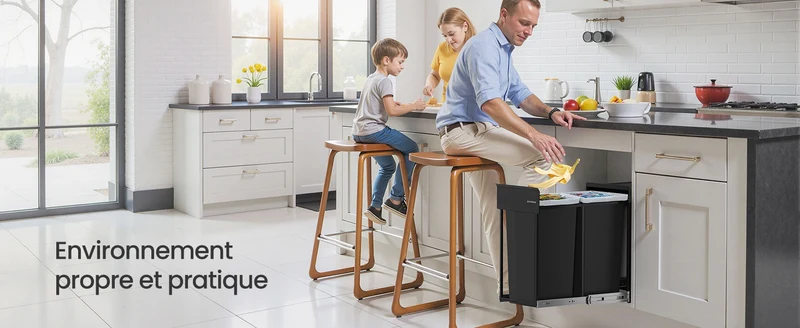 Poubelle cuisine double compartiment coulissant ORTUGA – Noir