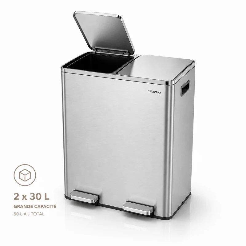 Poubelle Double Compartiment 2 x 30L, Pédales Métal, 2 Seaux Plastique, Fermeture Douceur, Hermétique