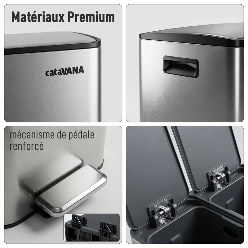 Poubelle Double Compartiment 2 x 30L, Pédales Métal, 2 Seaux Plastique, Fermeture Douceur, Hermétique