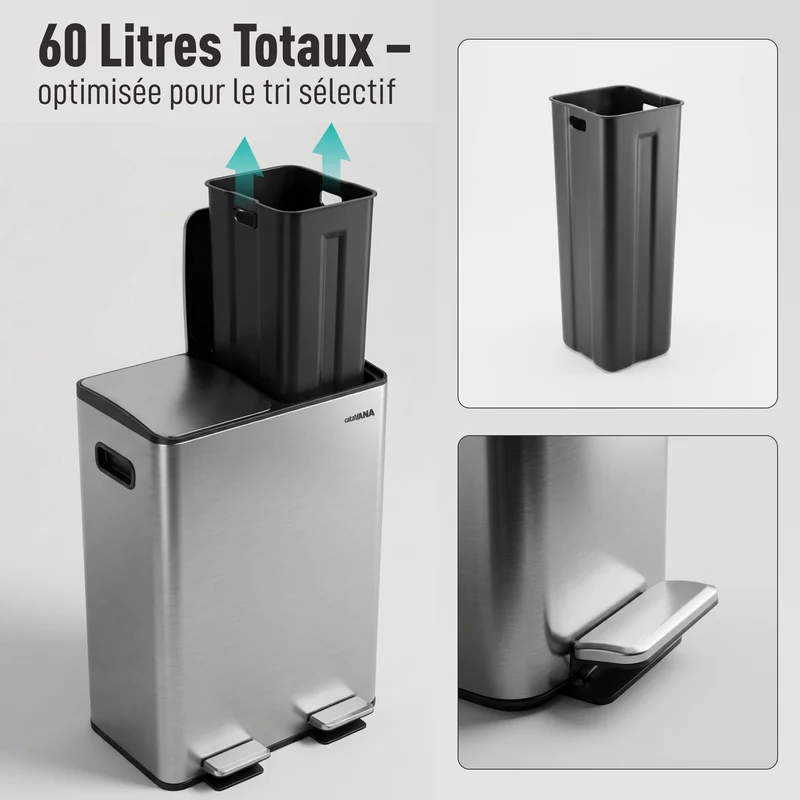 Poubelle Double Compartiment 2 x 30L, Pédales Métal, 2 Seaux Plastique, Fermeture Douceur, Hermétique
