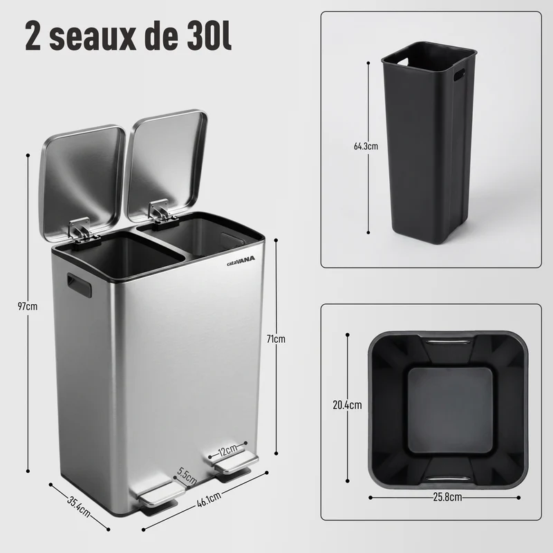 Poubelle Double Compartiment 2 x 30L, Pédales Métal, 2 Seaux Plastique, Fermeture Douceur, Hermétique