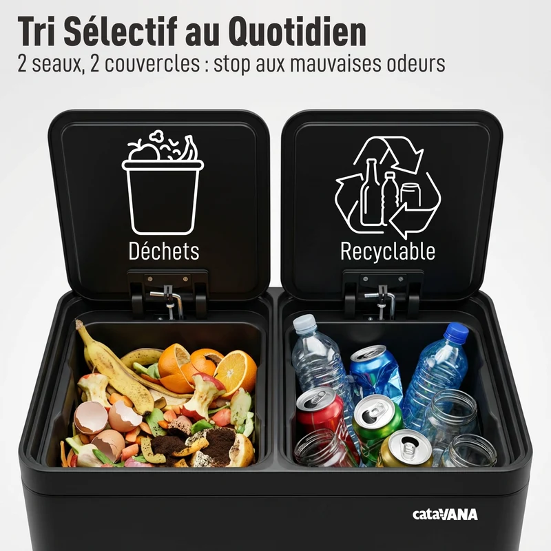 Poubelle Double Compartiment 2 x 30L, Pédales Métal, 2 Seaux Plastique, Fermeture Douceur, Hermétique
