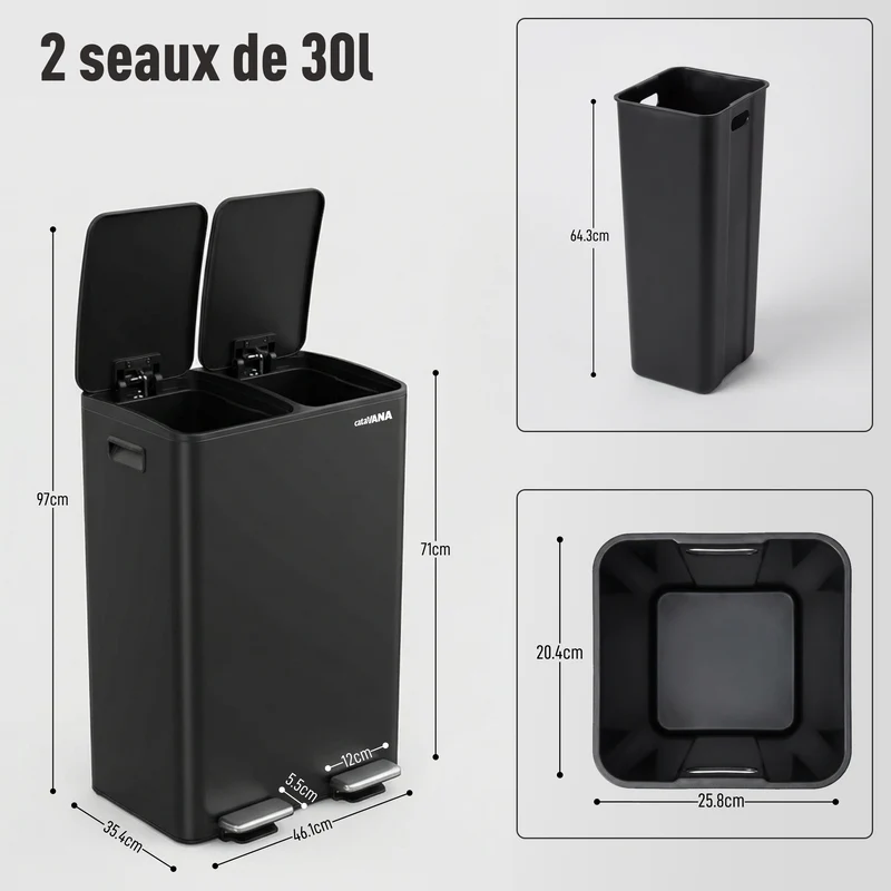 Poubelle Double Compartiment 2 x 30L, Pédales Métal, 2 Seaux Plastique, Fermeture Douceur, Hermétique