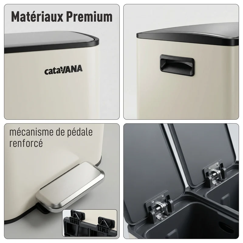 Poubelle Double Compartiment 2 x 30L, Pédales Métal, 2 Seaux Plastique, Fermeture Douceur, Hermétique