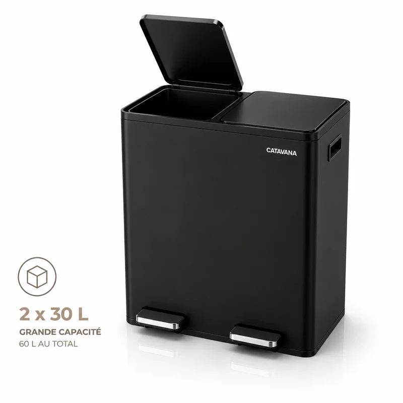 Poubelle Double Compartiment 2 x 30L, Pédales Métal, 2 Seaux Plastique, Fermeture Douceur, Hermétique