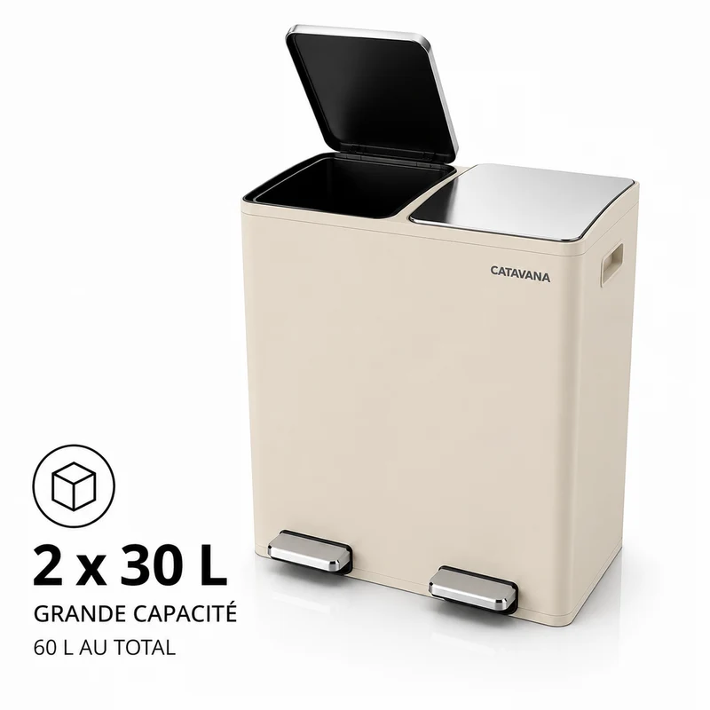 Poubelle Double Compartiment 2 x 30L, Pédales Métal, 2 Seaux Plastique, Fermeture Douceur, Hermétique