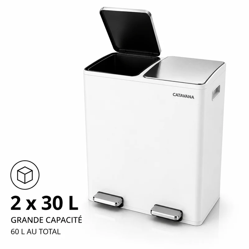 Poubelle Double Compartiment 2 x 30L, Pédales Métal, 2 Seaux Plastique, Fermeture Douceur, Hermétique