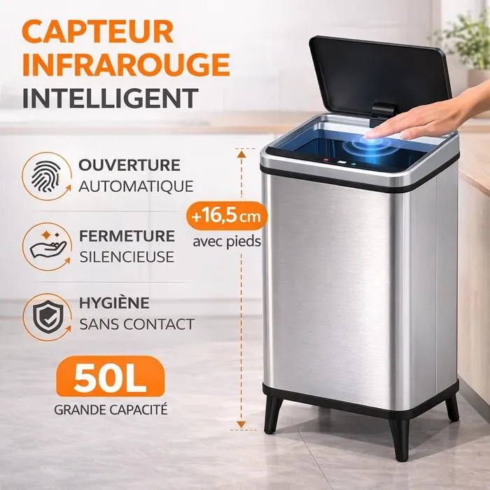 Poubelle Automatique 50L Inox Cuisine – Capteur Infrarouge Sans Contact, Fermeture Silencieuse, Anti-Traces, Réglable