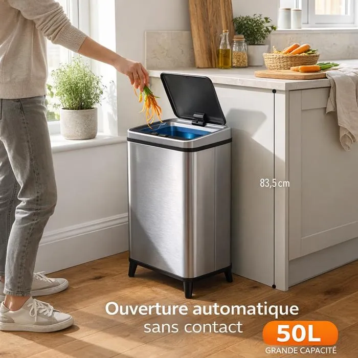 Poubelle Automatique 50L Inox Cuisine – Capteur Infrarouge Sans Contact, Fermeture Silencieuse, Anti-Traces, Réglable