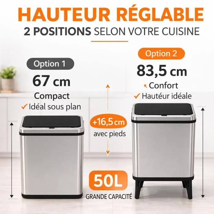 Poubelle Automatique 50L Inox Cuisine – Capteur Infrarouge Sans Contact, Fermeture Silencieuse, Anti-Traces, Réglable