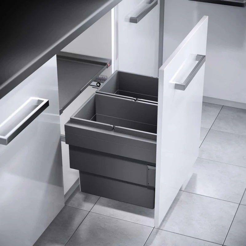 Poubelle coulissante 2 bacs 56 L pour meuble de 600 mm, couvercle coulissant