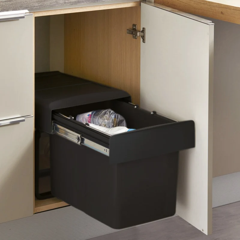 Poubelle 1 bac 34 L pour meuble de 400 mm, noir recyclé