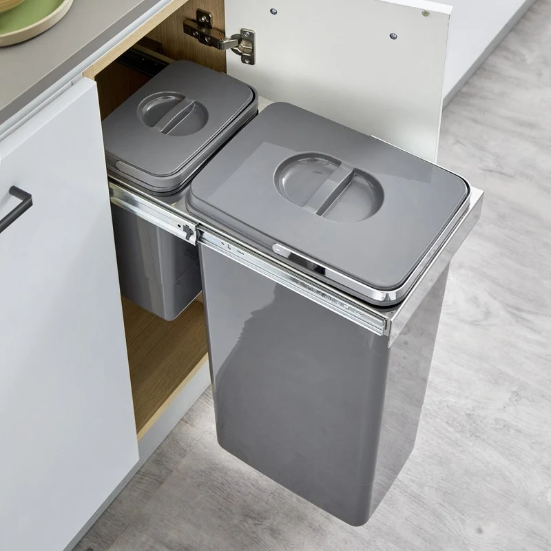 Poubelle tri 2 bacs 33 L pour meuble de 300 mm, cadre inox