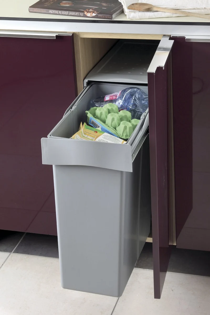 Poubelle 1 bac 40 L pour meuble de 300 mm, gris
