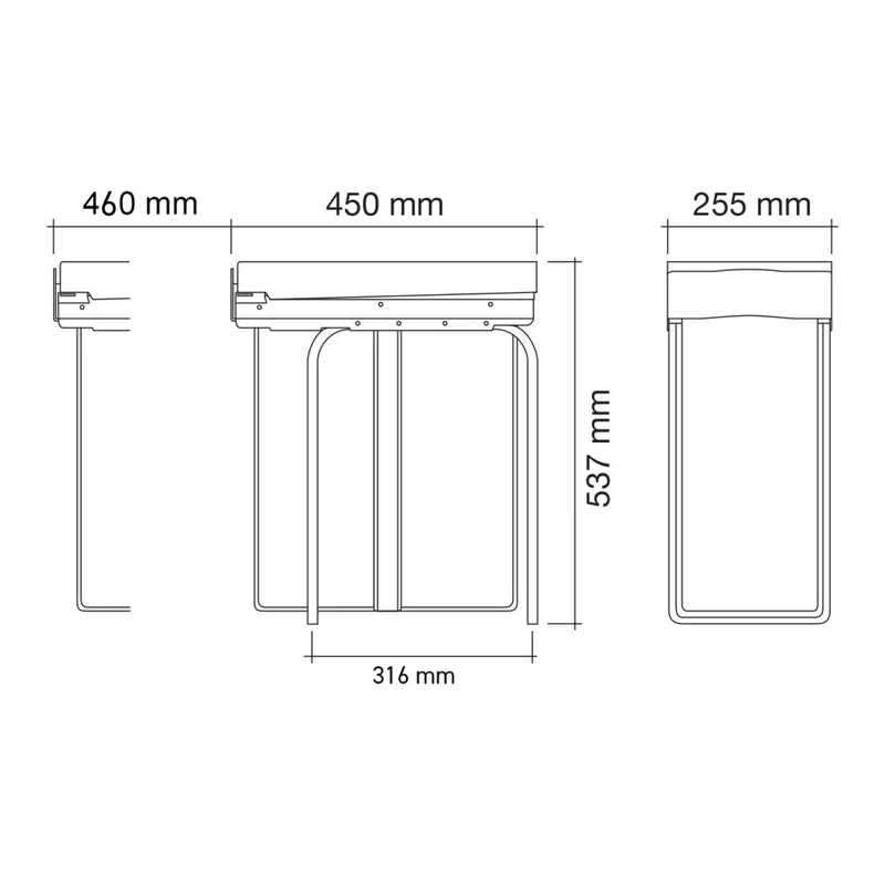 Poubelle 1 bac 40 L pour meuble de 300 mm, gris