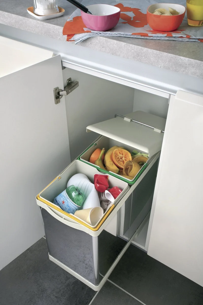 Poubelle tri 2 bacs 28 L pour meuble de 400 mm, inox automatique