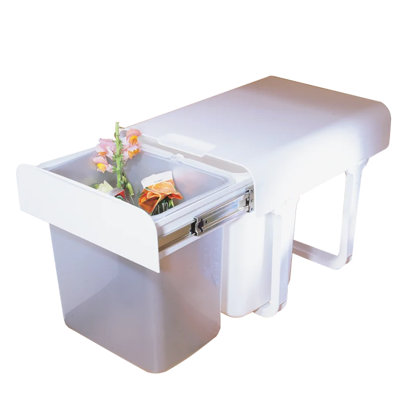 Poubelle tri 2 bacs 32 L pour meuble de 400 mm, blanc et gris