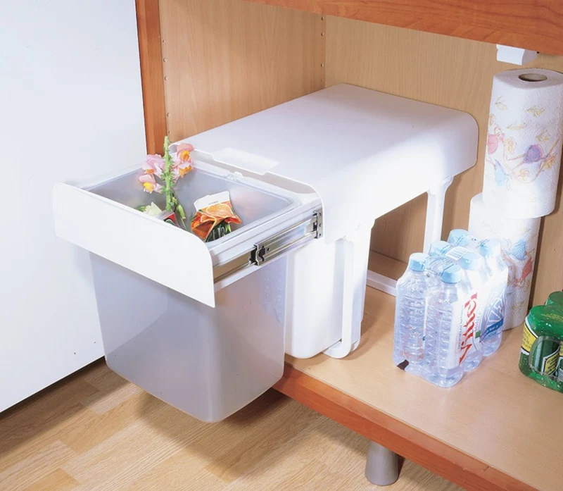 Poubelle tri 2 bacs 32 L pour meuble de 400 mm, blanc et gris