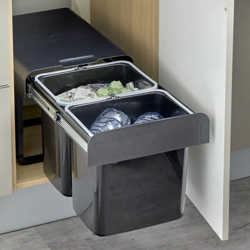 Poubelle tri 2 bacs 32 L pour meuble de 400 mm, noir mat