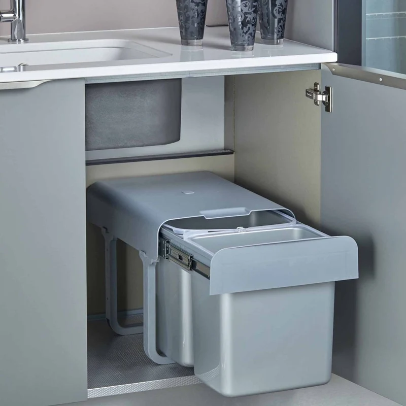Poubelle tri 2 bacs 32 L pour meuble de 400 mm, gris