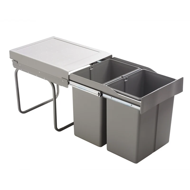 Poubelle tri 2 bacs 42 L pour meuble de 400 mm, gris