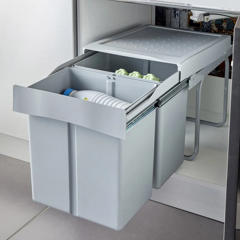 Poubelle tri 2 bacs 42 L pour meuble de 400 mm, gris