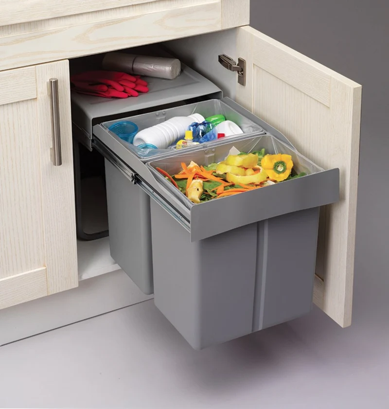 Poubelle tri 2 bacs 42 L pour meuble de 400 mm, gris