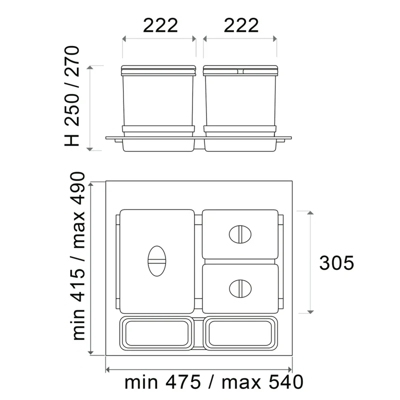 Collecteur de tri 3 bacs 27 L pour tiroir de 600 mm
