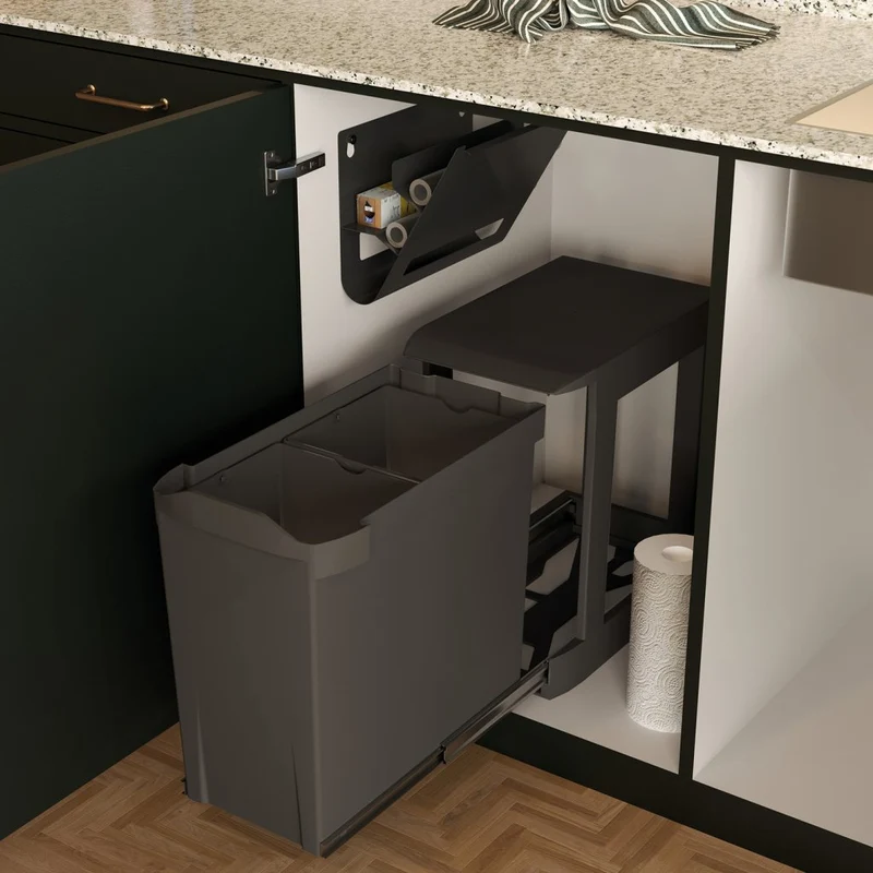 Poubelle tri 2 bacs 28 L pour meuble de 400 mm, ouverture automatique
