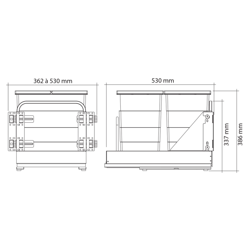 Poubelle coulissante 2 seaux 48 L pour meuble de 400 à 600 mm