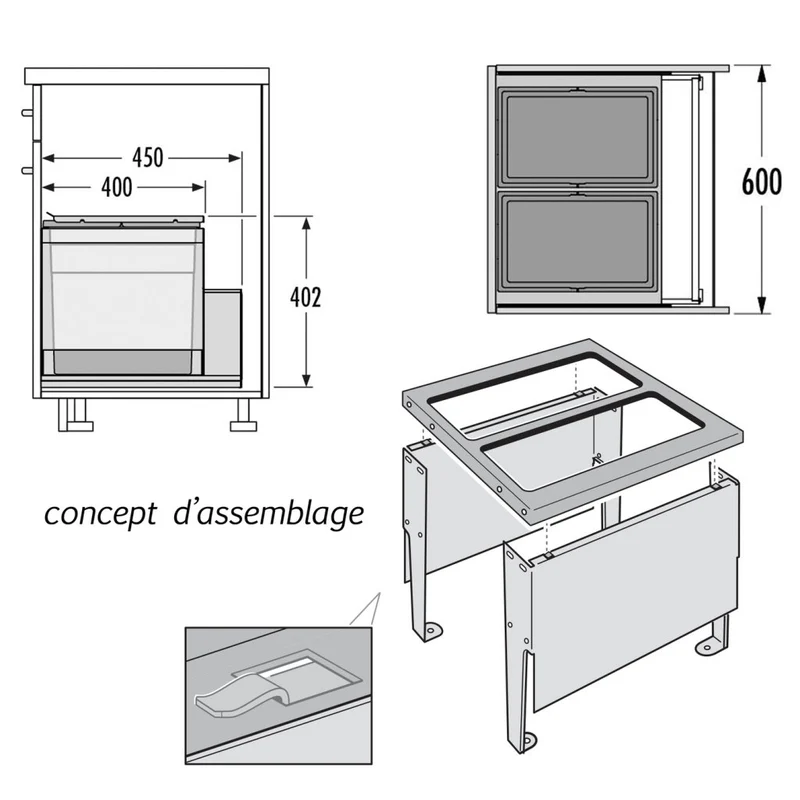 Poubelle pour tiroir 2 bacs 56 L, meuble de 600 mm, couvercle fixe