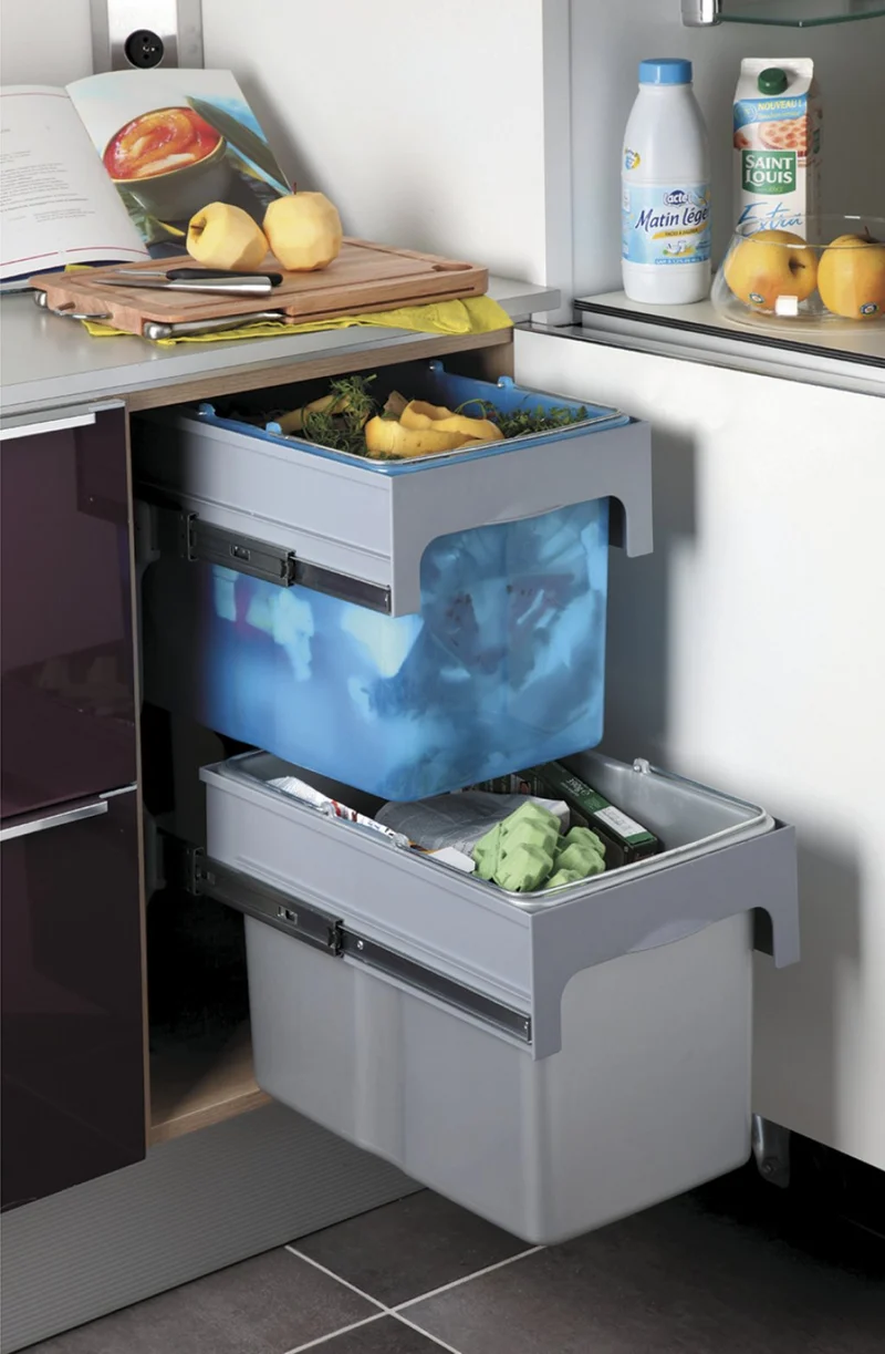 Poubelle de tri 2 bacs 68 L pour meuble de 400 mm