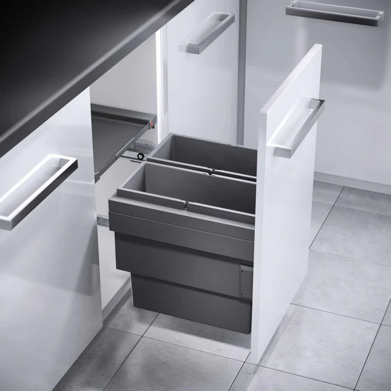 Poubelle coulissante 2 seaux 36 L pour meuble de 450 mm, couvercle coulissant