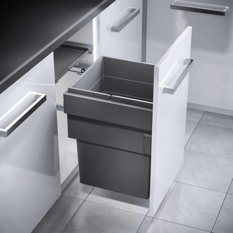 Poubelle coulissante 1 seau 55 L pour meuble de 450 mm, couvercle coulissant