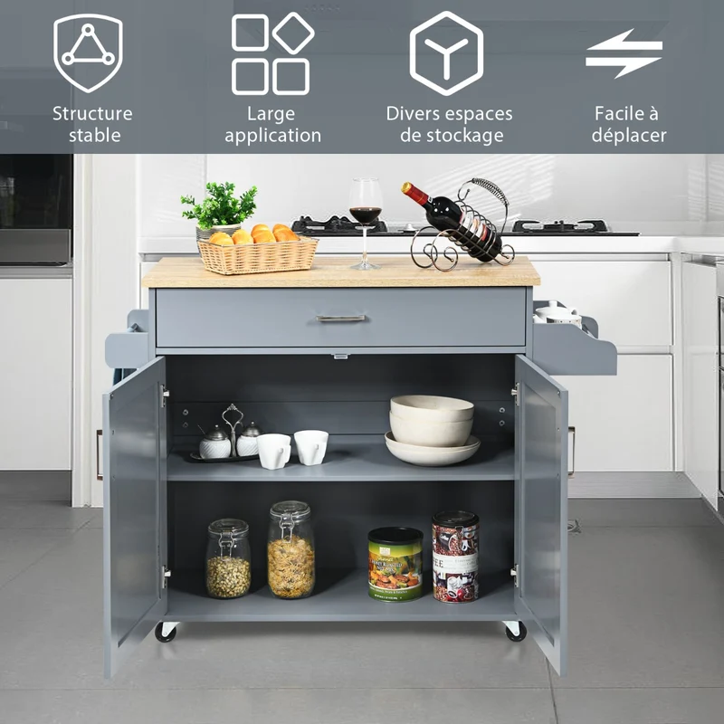 Costway - Chariot de Rangement, Ilot de Cuisine, Desserte a Roulette, Desserte Cuisine, Desserte micro onde, avec Grand Placard Tiroir, Gris
