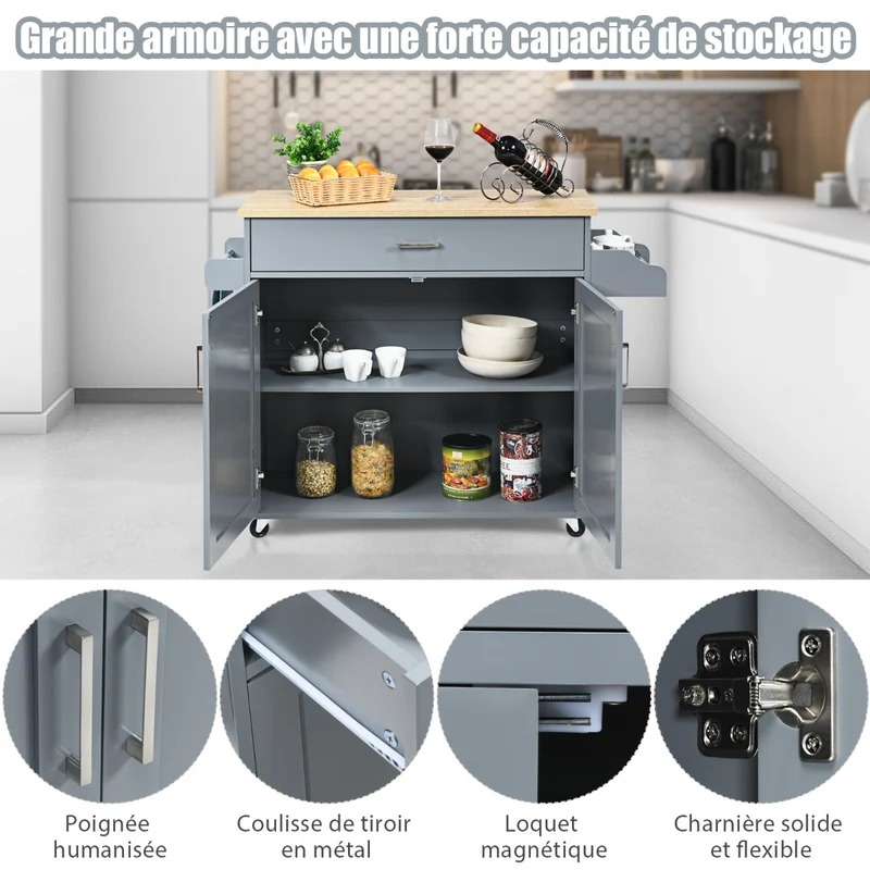 Costway - Chariot de Rangement, Ilot de Cuisine, Desserte a Roulette, Desserte Cuisine, Desserte micro onde, avec Grand Placard Tiroir, Gris