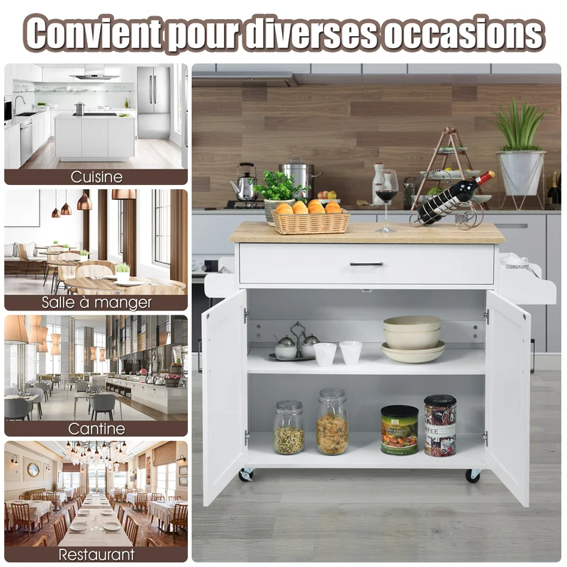 Costway - Desserte a Roulette, Chariot de Rangement, Ilot de Cuisine, Desserte Cuisine, Desserte micro onde, avec Grand Placard Tiroir, Blanc