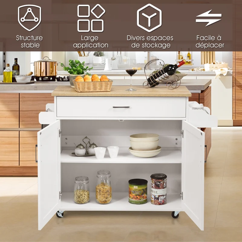 Costway - Desserte a Roulette, Chariot de Rangement, Ilot de Cuisine, Desserte Cuisine, Desserte micro onde, avec Grand Placard Tiroir, Blanc