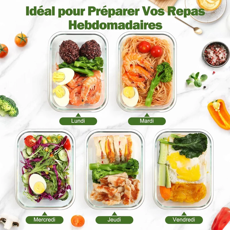 Lot de 5 Lunch Box Verre Réutilisables, Sans BPA